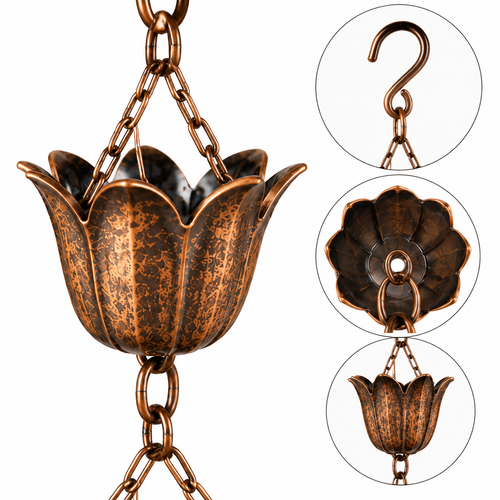 7 Cup Tulip Metal Rain Chain with Copper Bronze Finish